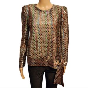 Vintage Gold Multi Color Sequin Party Blouse Size 10